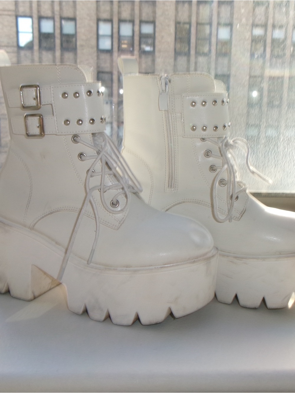 White Platform Lace-Up Ankle Boots with Buckle Detail - Picture 5 of 6